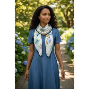 Talbots Nautical Silk Scarf Lighthouses seashells Ocean Cottages White Blue tan